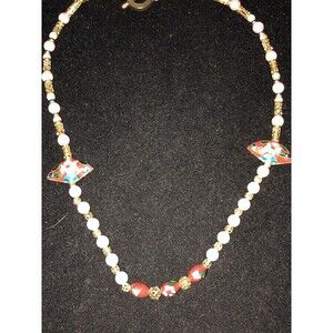 Vintage cloisonne And Faux Pearl / Filligree Bead 18” Beaded Necklace